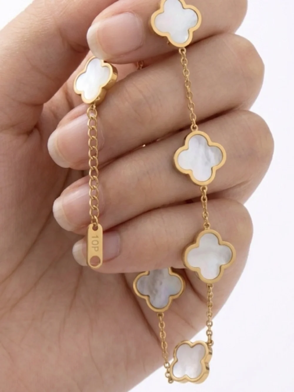 Mother of Pearl Clover Link Bracelet Gold Tone Adjustable Chain Delicate Jewelry